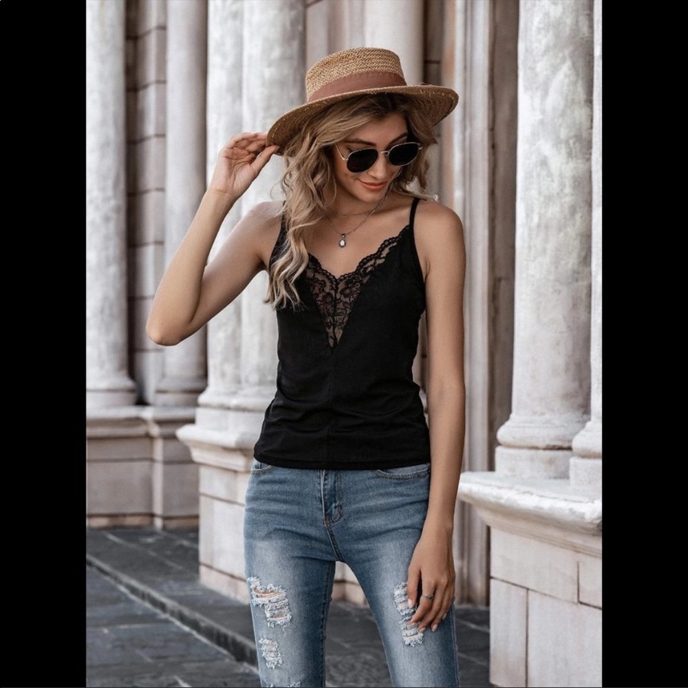 Black Lace Ribbed Cami Tank Top